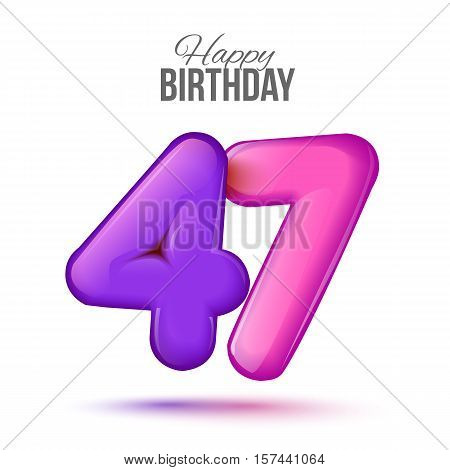 forty seven birthday greeting card template with 3d shiny number forty seven balloon on white background. Birthday party greeting, invitation card, banner with number 47 shaped balloon
