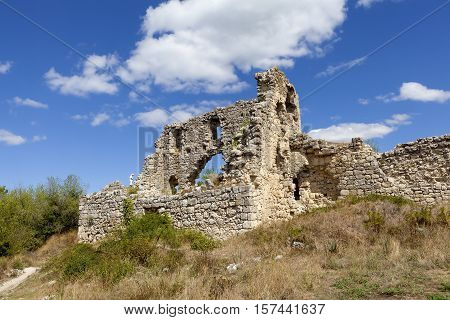 Crimea. Cave city Mangup Kale. The ruins of the palace and citadel.