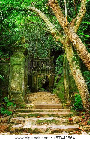 Enigmatic View Of Amazing Old Mossy Stone Gate And Brick Stairs