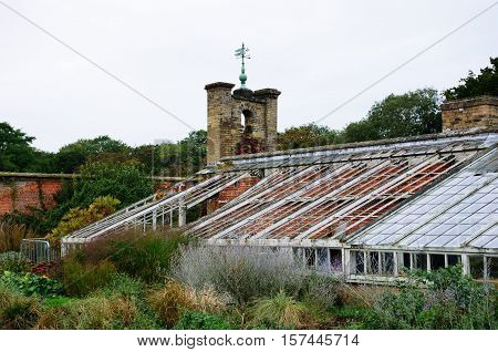 Run down old greenhouse with broken glass
