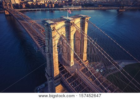 Brooklyn Bridge trom top - aerial view with East river. Background image. Taken from Brooklyn.