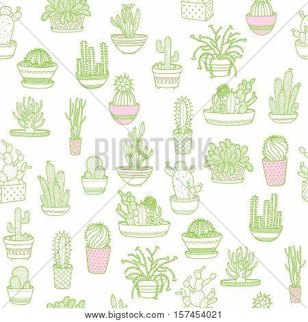 Cactus in a pot. Seamless background. Hand drawing. Vector illustration EPS10.