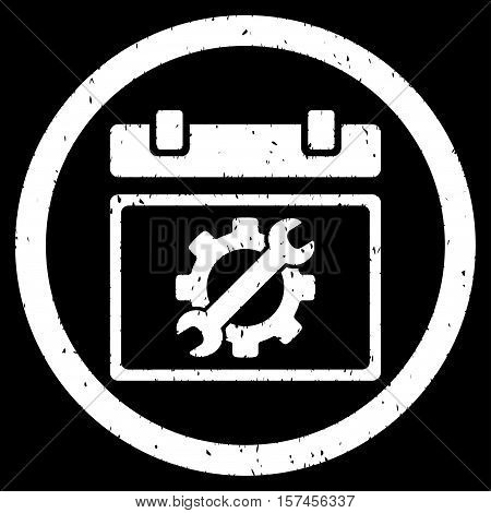 Service Day grainy textured icon inside circle for overlay watermark stamps. Flat symbol with dust texture. Circled dotted vector white ink rubber seal stamp with grunge design on a black background.