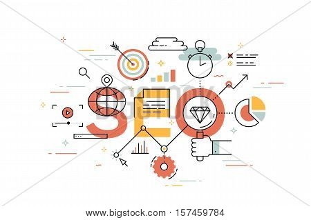 Thin line flat design banner of search engine optimization. Modern vector illustration concept of word SEO for website and mobile website banners, easy to edit, customize and resize.