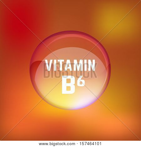 Vitamin B6 pill. Shining glossy circle droplet. Vector illustration in orange and light brown colours. Medical and pharmaceutical image.