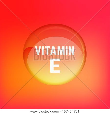 Vitamin E pill. Shining glossy circle droplet. Vector illustration in red and light orange colours. Medical and pharmaceutical image.