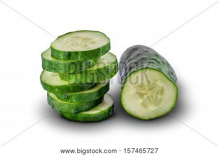 Half of cucumber and slices of cucumber on white background