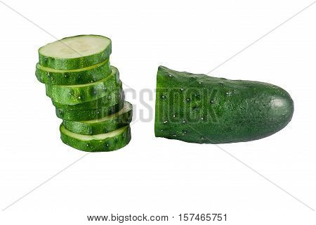 Half of cucumber and slices of cucumber on white background
isolated