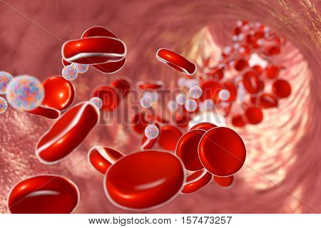 Zika viruses in blood with red blood cells, 3D illustration, viruses which cause Zika fever found in Brazil and other tropical countries. Zika fever in pregnant women leads to microcephaly in fetus