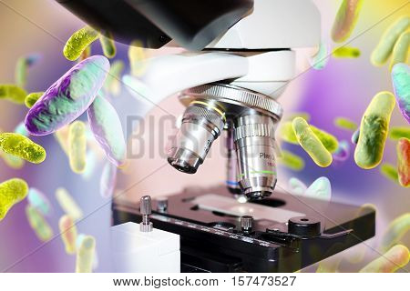 Laboratory microscope and bacteria, 3D illustration. Concept for laboratory diagnosis of infectious diseases