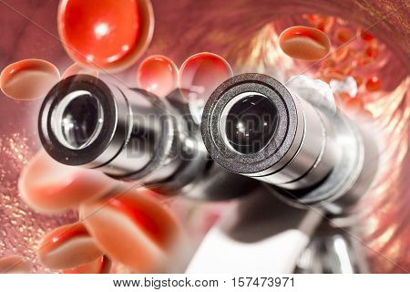 Laboratory microscope and blood flow, 3D illustration. Concept for research and laboratory diagnosis
