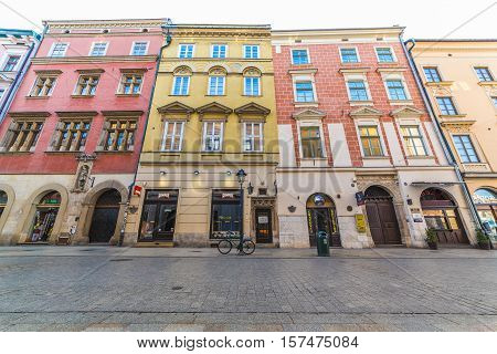 KRAKOW POLAND - 15TH OCTOBER 2016: Colourful buildings along Florianska street in Krakow