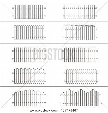 Fence of boards different options.Without colors. Coloring book for kids. Black contour isolated on a white background.