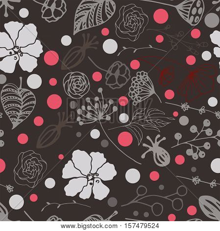 vector pattern from flowers, herbs and leaves on a colored background