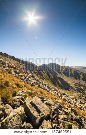 Mountain Landscape on Sunny Day with Rocks in Foreground. Mount Derese Low Tatras Mountain Slovakia.