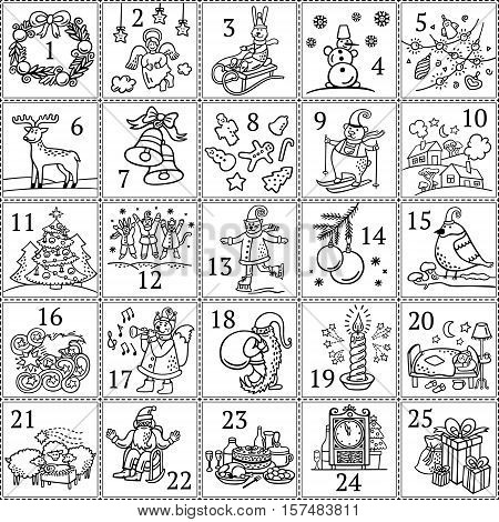 Christmas advent calendar. December colouring book for children`s pastime and educational classes. Black and white template for holiday poster and cards in vector