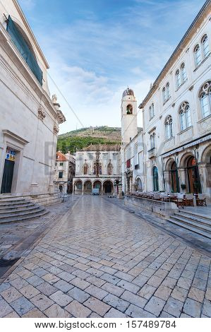 Stradun street at old part of the city early in the morning. Dubrovnic, Croatia. Fortification.