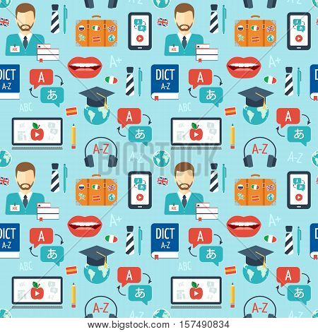 Foreign language learning seamless pattern. Flat design. Blue background. Vector illustration