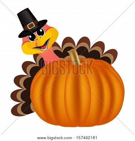 Turkey on Thanksgiving Day looks out from behind a pumpkin. Symbols Thanksgiving holiday, vector illustration