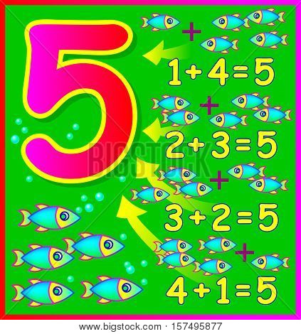 Educational page for children with compositions of number 5. Developing skills for counting. Vector image.