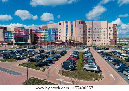 ZWOLLE NETHERLANDS - APRIL 4 2016: Colorful entrance of the Isala hospital. It is the largest non academic hospital in the netherlands with over 1100 beds