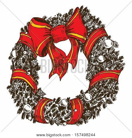 Hand drawn christmas wreath with cones, needles, balls and baw