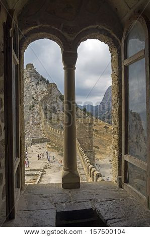 Genoese fortress in Sudak Crimea. View from the window of the Consular castle onto the fortification wall of the upper tier.