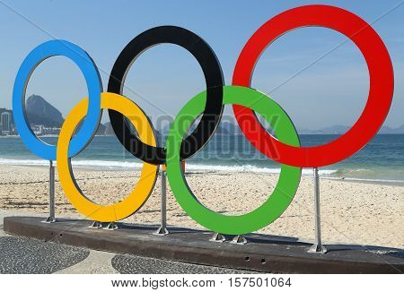 RIO DE JANEIRO, BRAZIL - AUGUST 6, 2016: Olympic Rings at Copacabana Beach in Rio de Janeiro