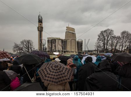 Krakow Poland - November 19 2016: The ceremony of enthronement of Jesus Christ the King Polish at the Basilica of Mercy in Krakow Lagiewniki