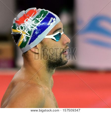 Hong Kong China - Oct 29 2016. South African Olympic and world champion swimmer Chad Le Clos at the start. FINA Swimming World Cup Preliminary Heats Victoria Park Swimming Pool.