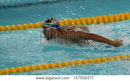Hong Kong China - Oct 29 2016. South African Olympic and world champion swimmer Chad Le Clos swimming butterfly. FINA Swimming World Cup Preliminary Heats Victoria Park Swimming Pool.