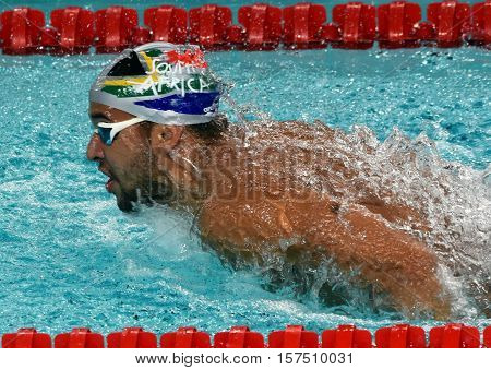 Hong Kong China - Oct 29 2016. South African Olympic and world champion swimmer Chad Le Clos swimming butterfly. FINA Swimming World Cup Preliminary Heats Victoria Park Swimming Pool.