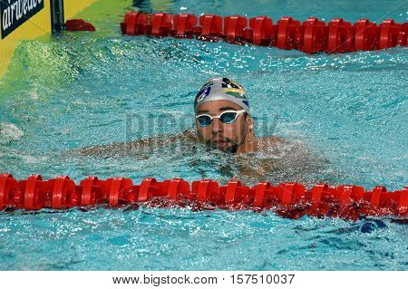 Hong Kong China - Oct 29 2016. South African Olympic and world champion swimmer Chad Le Clos in the finish. FINA Swimming World Cup Preliminary Heats Victoria Park Swimming Pool.