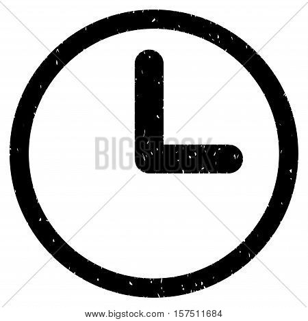 Clock grainy textured icon for overlay watermark stamps. Flat symbol with unclean texture. Dotted vector black ink rubber seal stamp with grunge design on a white background.