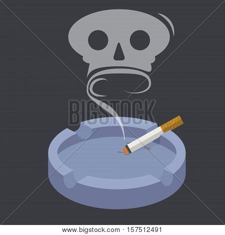 Ceramic ashtray with smokes cigarettes in form of skull. No smoking concept. Flat vector illustration