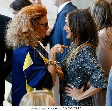 NEW YORK-MAY 5: Designer Diane von Furstenberg (L) and Sarah Jessica Parker at the Anna Wintour Costume Center Grand Opening at the Metropolitan Museum of Art on May 5, 2014 in New York City.