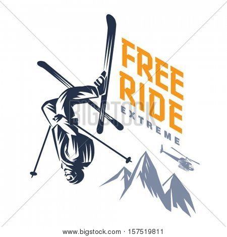 Free ride. Stunt headfirst of skier. Sport emblem