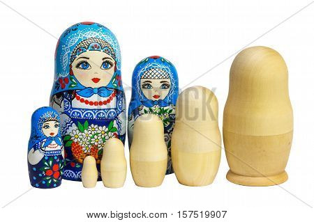 Traditional Russian matryoshka dolls. Painted matryoshka. Matryoshka blue blanks for painting dolls (clean matryoshka).