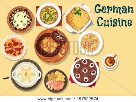 German cuisine beer and cheese fondue icon served with cabbage soup in rye bread, cabbage and sausage soup with mushroom, beef stew, christmas cake stollen, hamburg potato pie, chocolate cherry cake