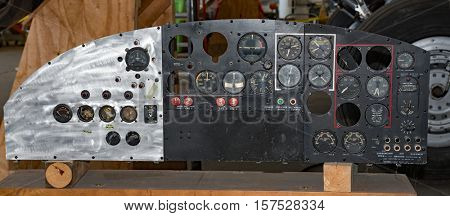 DAYTON, OHIO, USA - NOVEMBER 18, 2016: National Museum of the USAF is restoring the famous original WWII Memphis Belle B-17F Flying Fortress bomber whose instrument panel is shown here. 