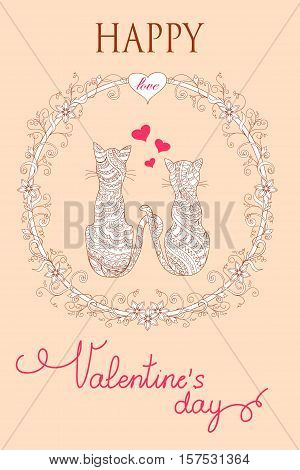 Colorful Valentine greeting card with hand drawn decorated couple cats into mandala with flowers heart and text Happy Valentine`s Day. EPS 10.