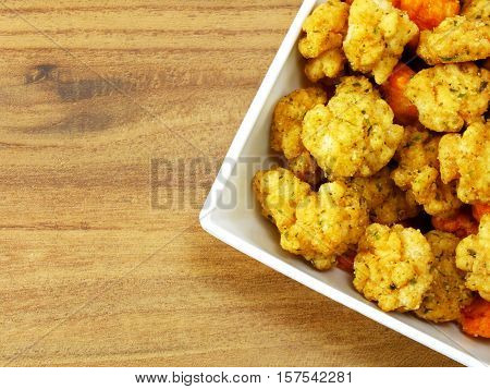 spicy rice crackers snack with space background