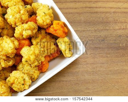 spicy rice crackers snack with space background