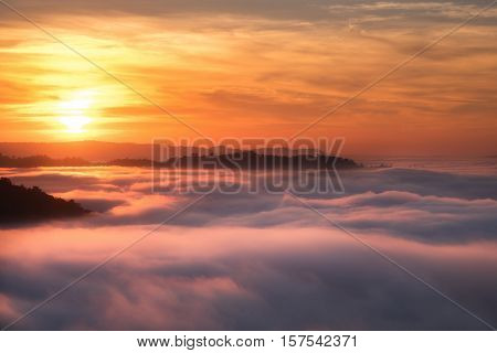 Beautiful sunrise view and sea of clouds from Phuhuayesan in Nong khai provience, Thailand.