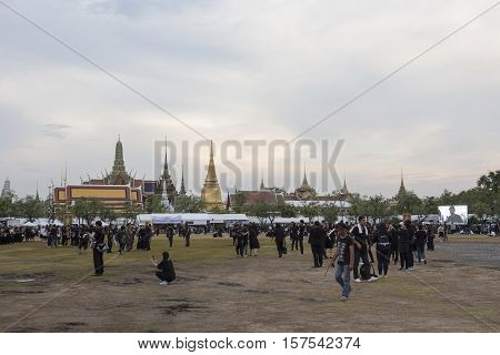 BANGKOK THAILAND - OCT 29 : A crowd of mourners at Sanam Luang while the body of Thailand Bhumibol Adulyadej keep in Grand Palace on october 29 2016