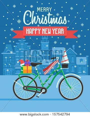 Christmas bicycle wishing card with traditional celebrating text. Merry Christmas and Happy New Year greetings card with winter bike on europe city background. Winter holidays congratulation template.