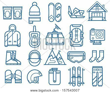 Snowboarding and skiing thin line icons. Winter sports and activity elements set. Mountain ski and snowboard equipment and gear vector icons. Winter active lifestyle collection. Snowboard travel set.