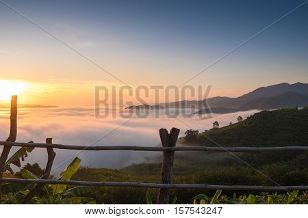Beautiful sunrise view and sea of clouds from Phuhuayesan in Nong khai provience, Thailand.