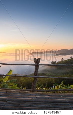 Beautiful sunrise view and sea of clouds from Phuhuayesan in Nong khai provience, Thailand.