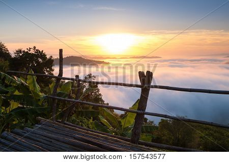 Beautiful sunrise view and sea of clouds from Phuhuayesan in Nong khai provience, Thailand.